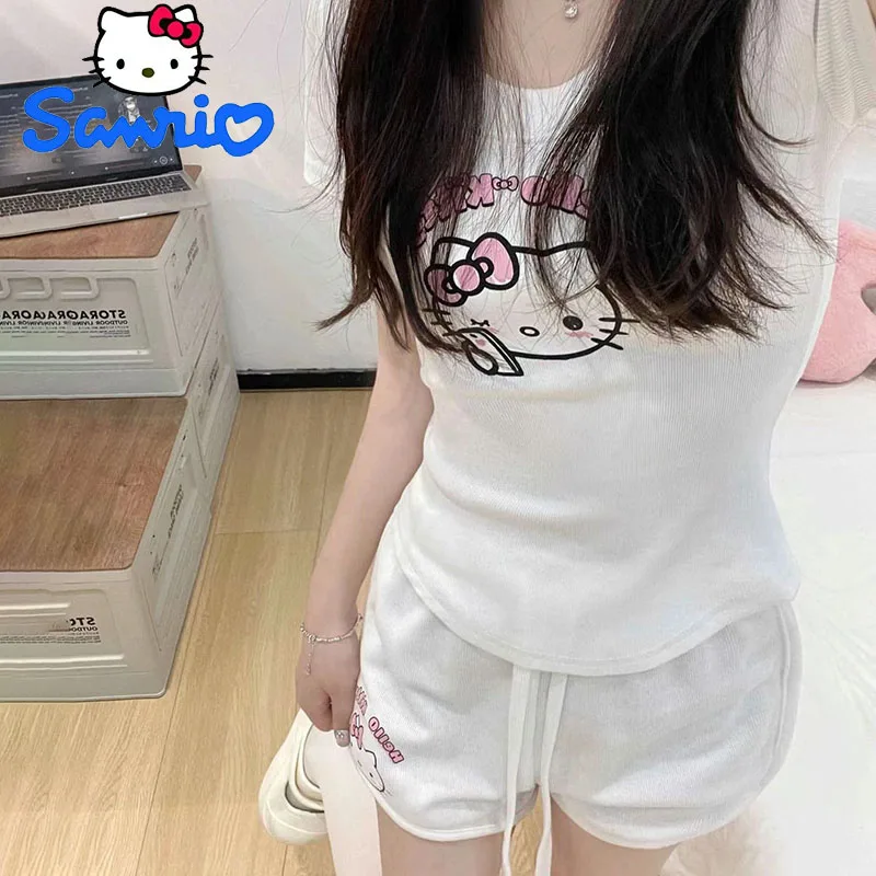 Kawaii Sanrio Hello Kitty Printed Short Sleeve Suit Women 2024 Summer New Slim and Skinny Hundred Drawstring Shorts Girl Gift