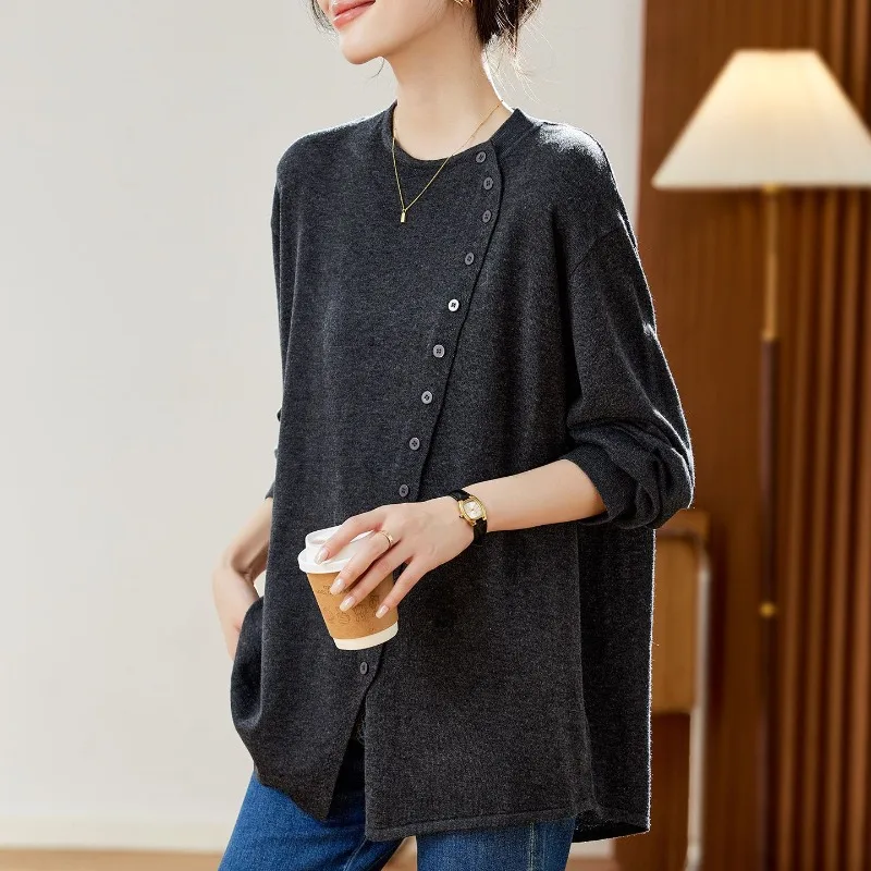 قميص نسائي حراري فضفاض، نسيج ناعم ودافئ، جذاب متوسط الطول، كاجوال بأكمام طويلة، طبقة أساسية لخريف وشتاء