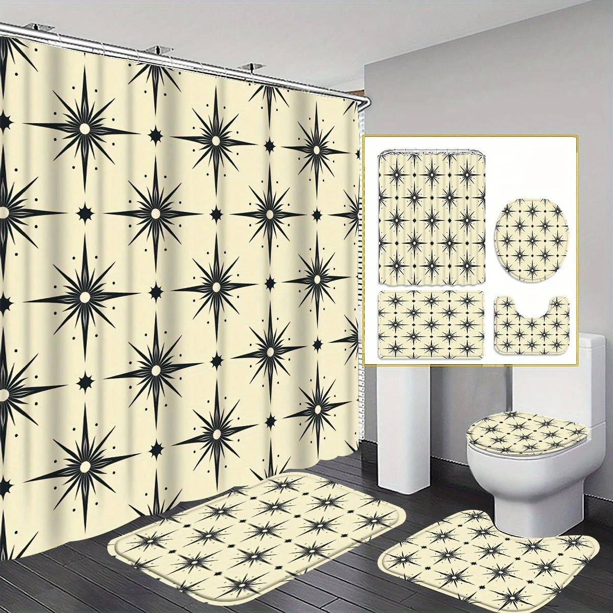 4pc Black star-patterned bathroom set, including shower curtain, non-slip mat, toilet seat cover, and non-slip mat.