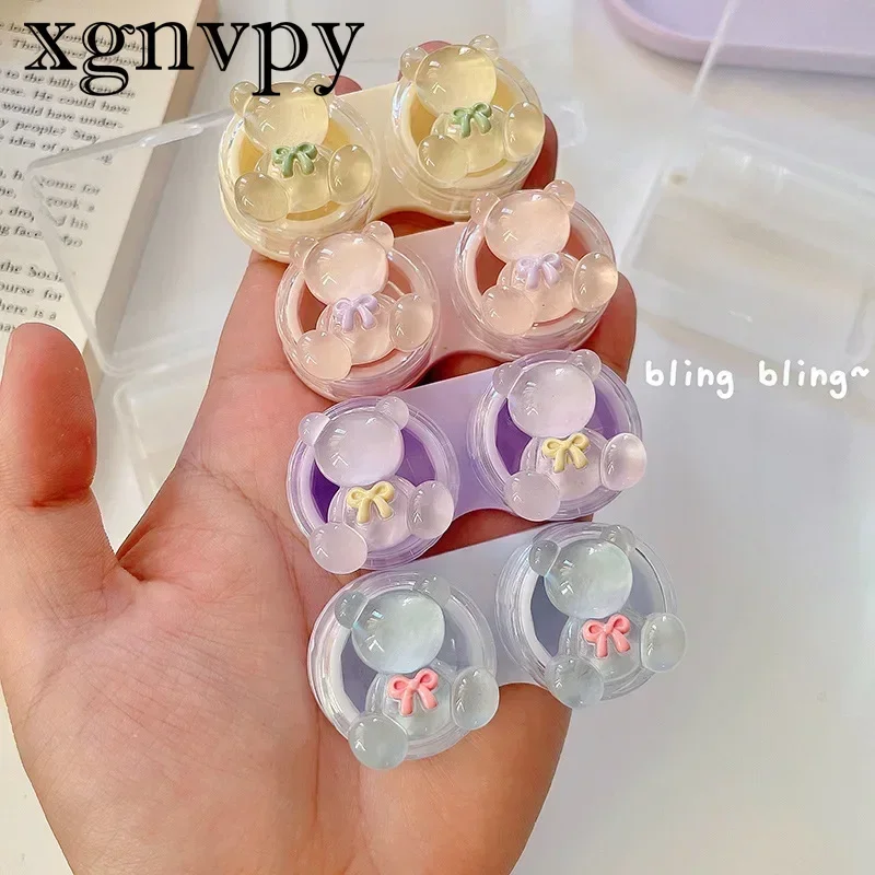 Xgnvpy Contact Lens Box Crystal Three-dimensional Ice Through Bear Simple PP Care Box Cartoon Cute Contact Lens Companion Box