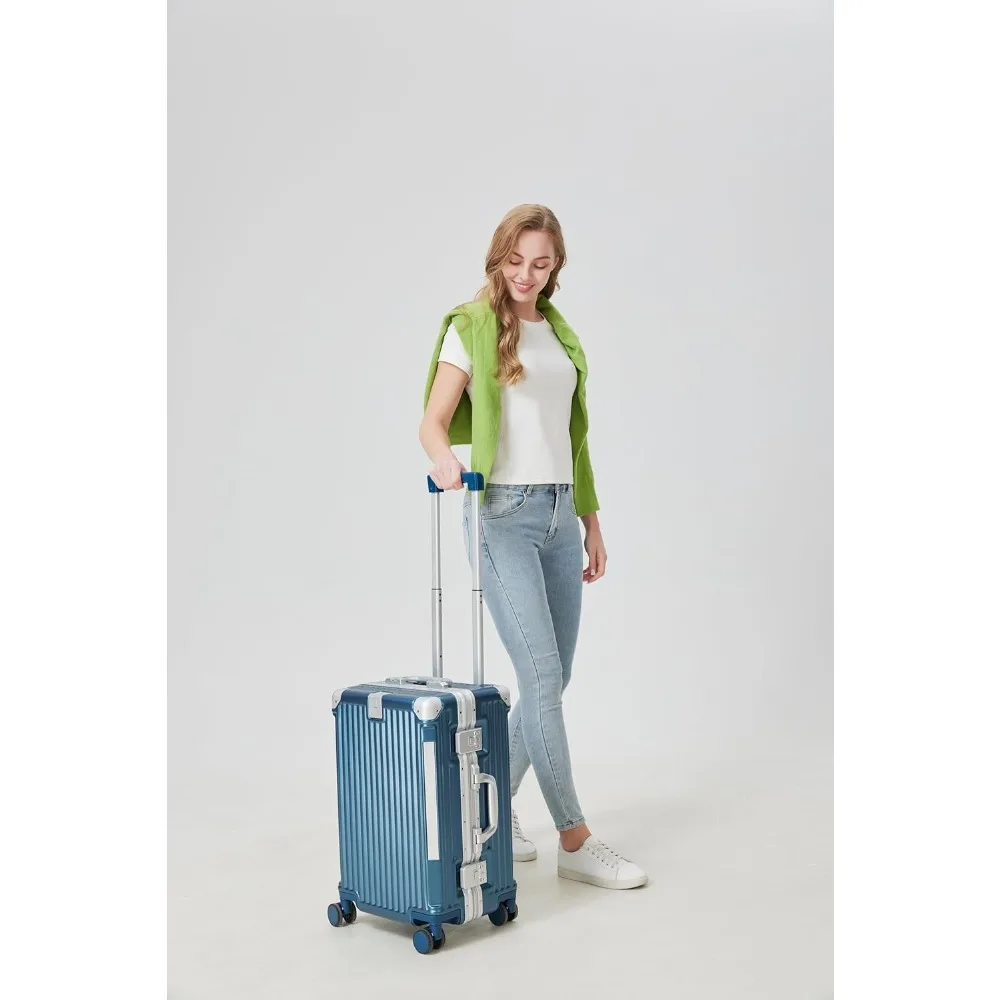 Gorgeous Gem-Blue 3/7 Split Opening Zipperless Aluminum Frame Suitcase, Higher Volume 22x14x9, Airline Approved Carry-On Luggage