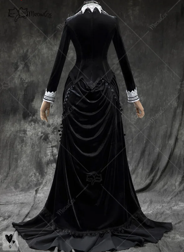 ชุดคอสเพลย์สไตล์โกธิคสีดำสำหรับผู้หญิง MEOWCOS ประกอบด้วยเสื้อแขนยาวและกระโปรงยาวผ้ากำมะหยี่แบบวินเทจ