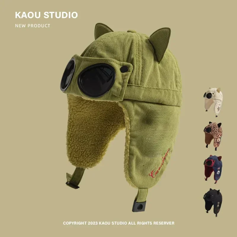 جديد جودة عالية المتخصصة الشتاء لطيف النظارات الشمسية الطيار قبعة الرجال والنساء آذان القط المخملية تزلج الأذن حماة منفذها القبعات Gorras