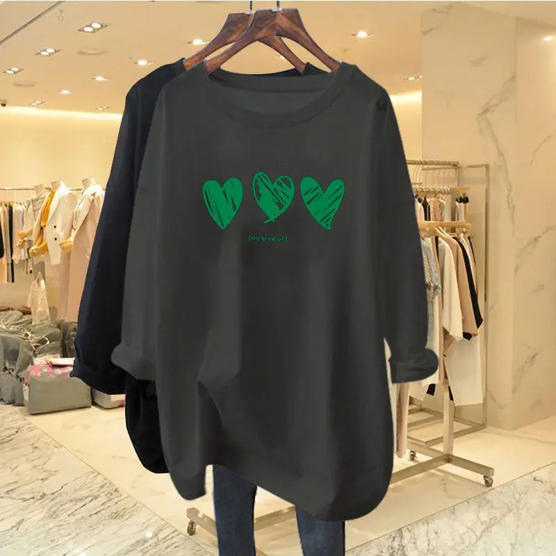 Spring Autumn Chic Hand-Painted Love Print T-shirt Women Clothing Casual Loose O-neck Cotton Top Tee Office Lady Basic Pullovers