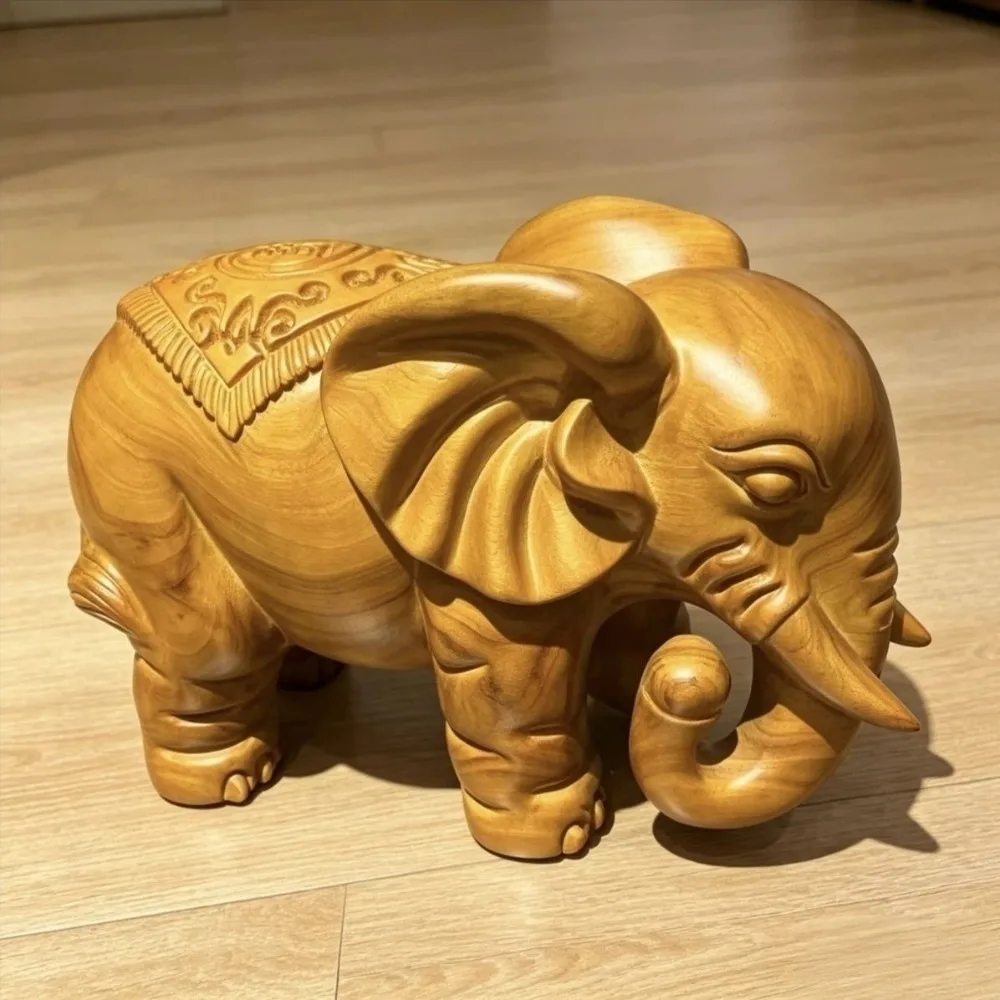 Solid Camphor Wood Carved Elephant Ornament—A Symbol of Good Luck and Prosperity for Home Decor
