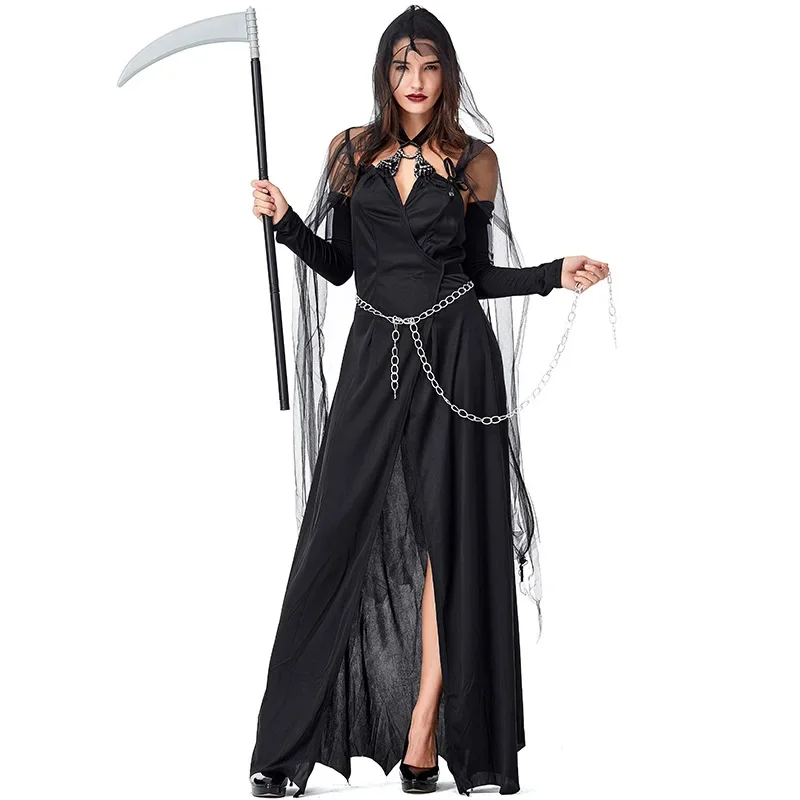 Witches Devils Black Hooded Dress For Women Halloween Costume