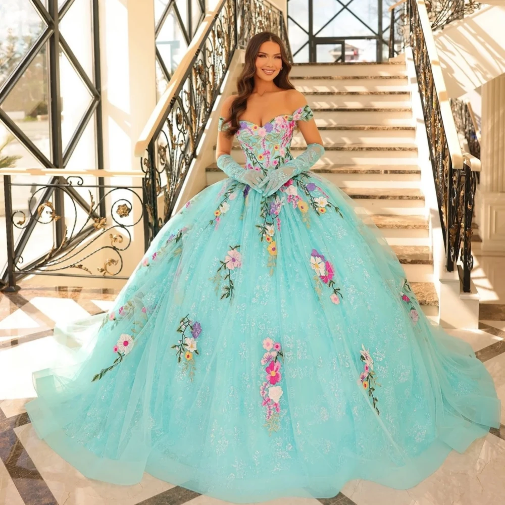 Colorful Flowers Chic Ball Gown Quinceanera Dress Shiny 15 16 Birthday Lace Up No Gloves Evening Dress Customized Sweet Party