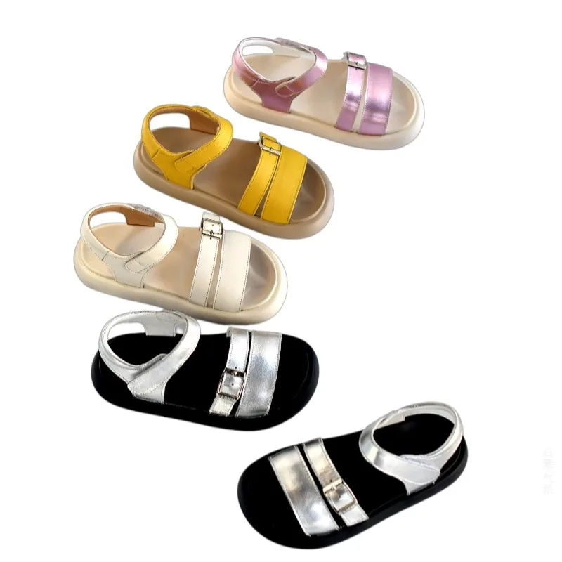 

Сандалии из натуральной кожи для девочек, летние дышащие нескользящие детские пляжные туфли, модные детские сандалии-гладиаторы из натуральной кожи