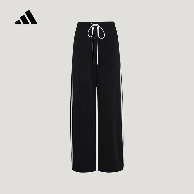Adidas KX6702 Women Knit Long Pants Black Loose Wide Leg Double Sided Fabric Drawstring Casual Trousers