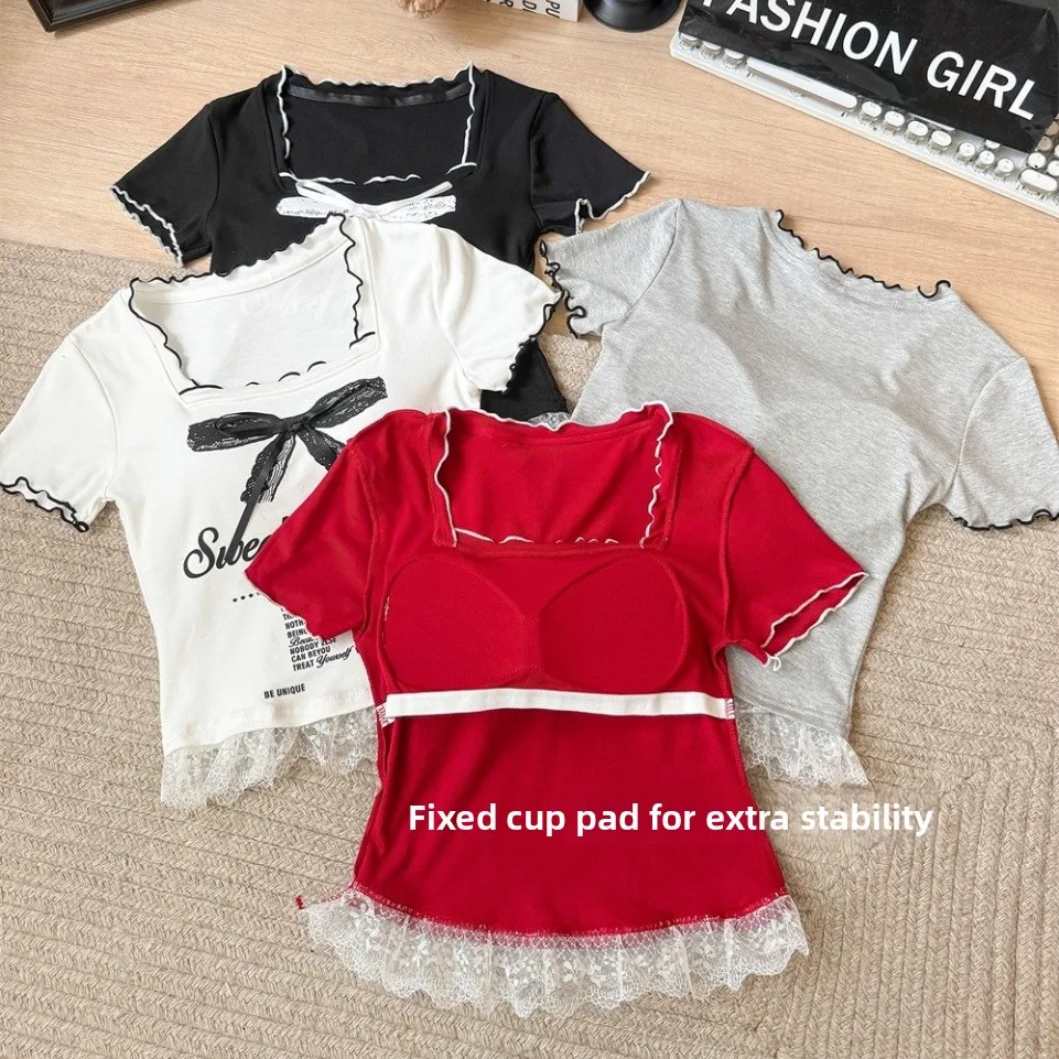 Summer New Pure Desire Print Splicing Lace Hem Short Sleeve T-Shirt Women Slim Integrated with Chest Pad Top Sweet Style Nylo...