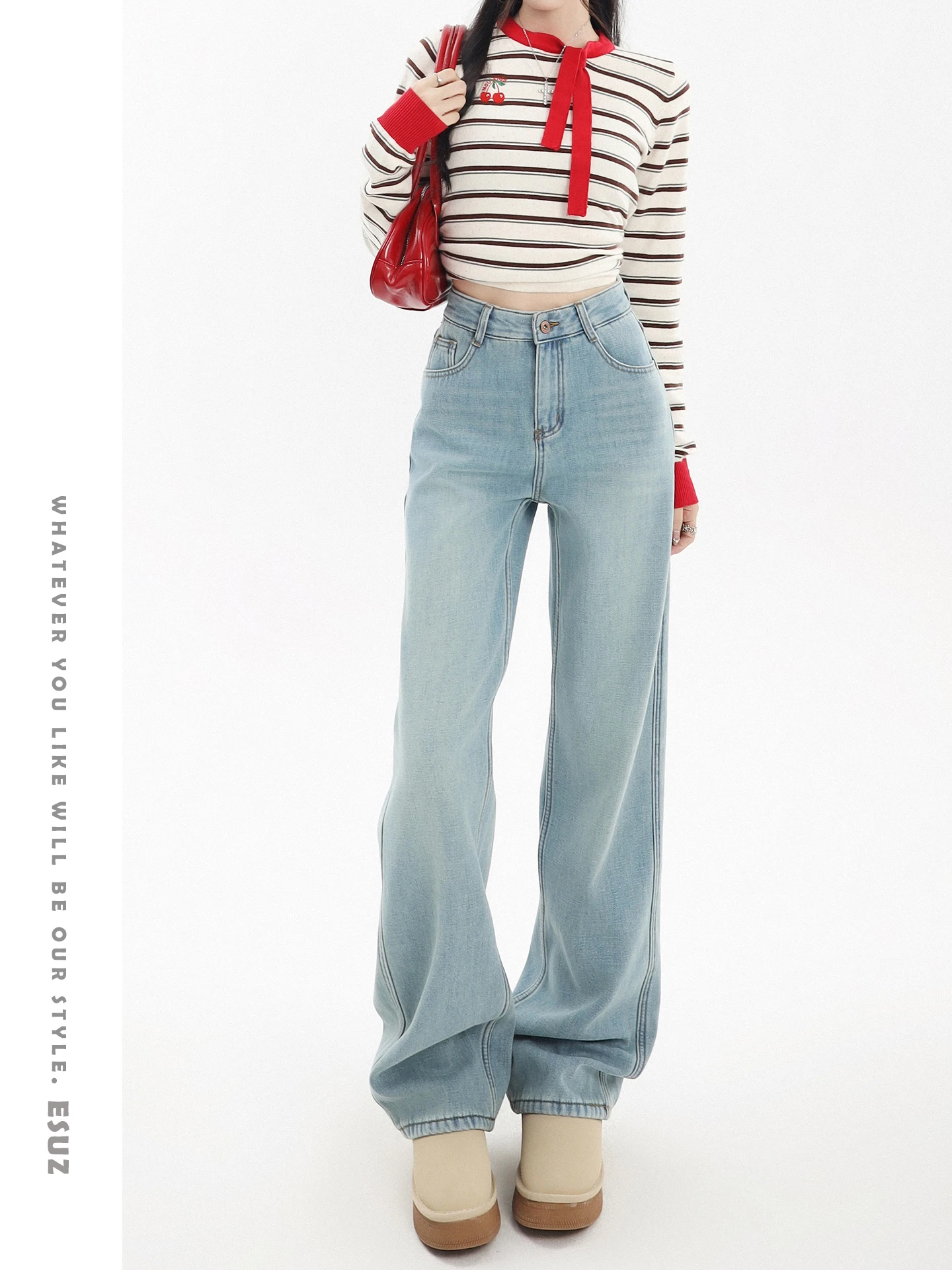 

Off Fce Lined Thi Wide Leg Jeans Women's Autumn Winter New High Waist Slim Fit Small Size Flattering American Sle