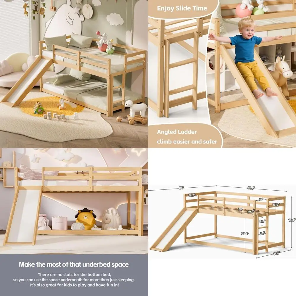 

Wooden Twin Bunk Bed with Slide, Climbing Ladder, Full Guardrails, and Storage for Kids and Toddlers