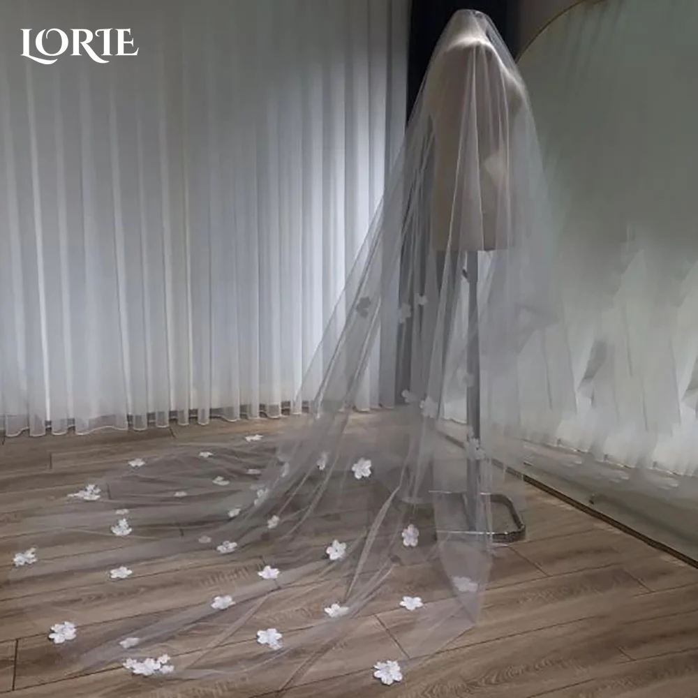 

LORIE Wedding Bridal Veils White Beautiful Long Veil with Lace and Metal Comb at The Edge Cathedral Length