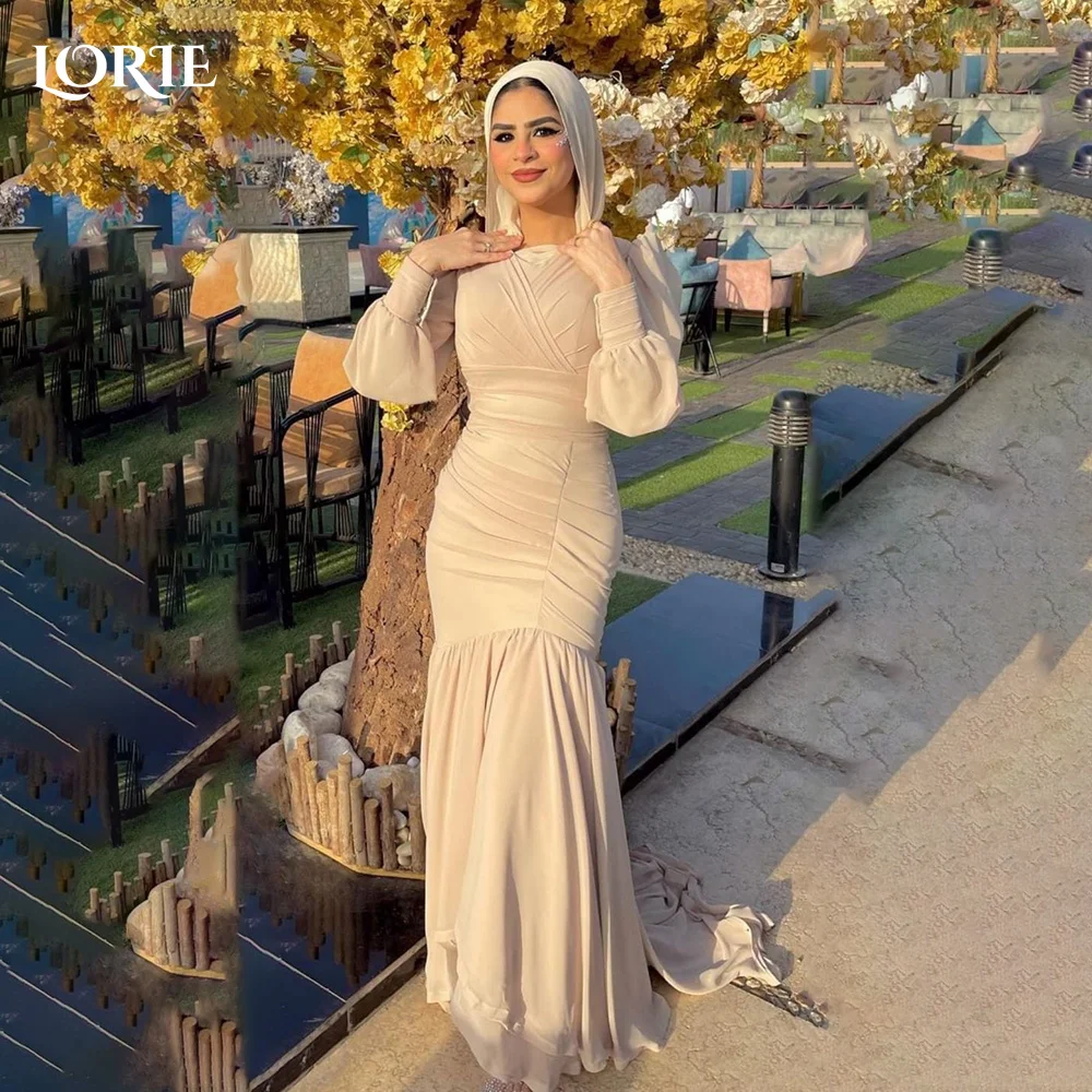 ローリーハイカラーアラビアイブニングドレス光沢のあるスパンコールフロアレングス長袖マーメイドプロムドレスプリーツパーティードレスカスタマイズ