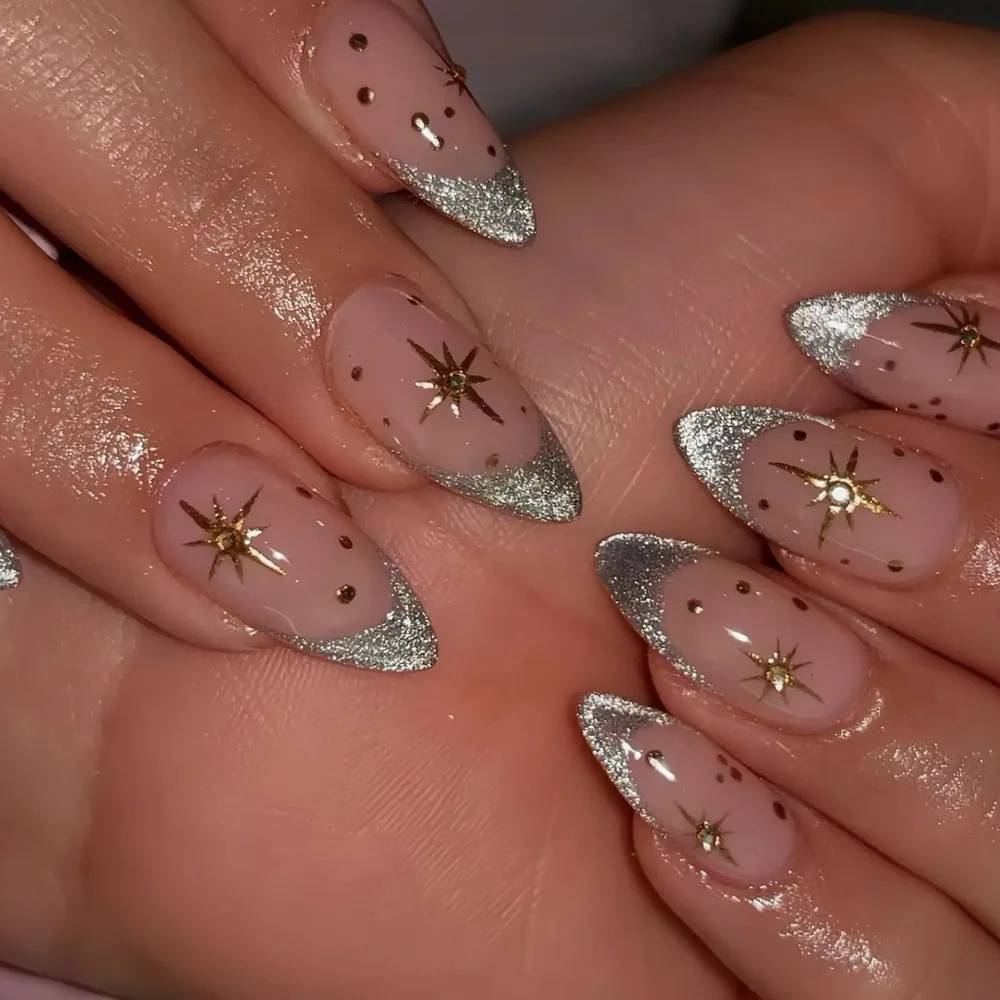 24 Stück/Set mittellange künstliche Nägel für die Sommersaison, Farbverlauf, Traumblau, golden, rosa, Flash-Stern-Wellenlinien, zum Aufdrücken falscher Nagelkunst