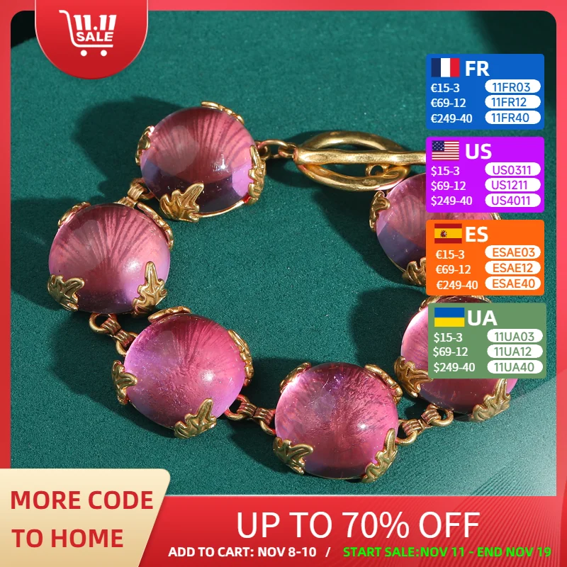 

Vintage Round Cat Eye Pink Bracelet Charms For Women Transparent Red Glass Gold Color Leaf Antique Jewelry New Trends 2025