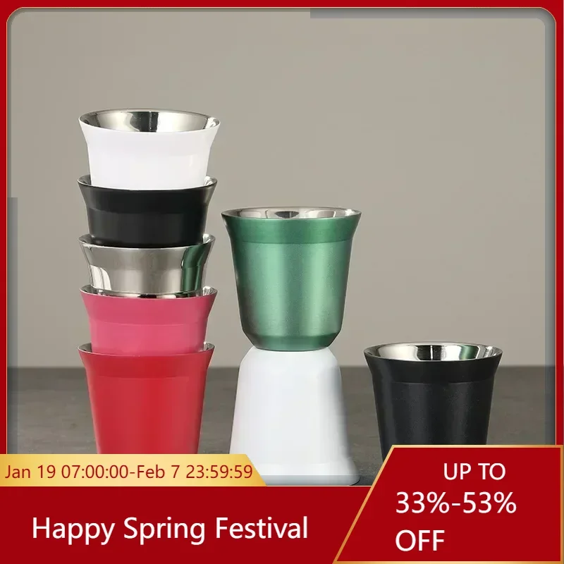 1pcs 80ml Italian Espresso Cup Small Wine Glass Simple Style 304 Stainless Steel Liner Double Layer Heat Insulated Capsule Cup