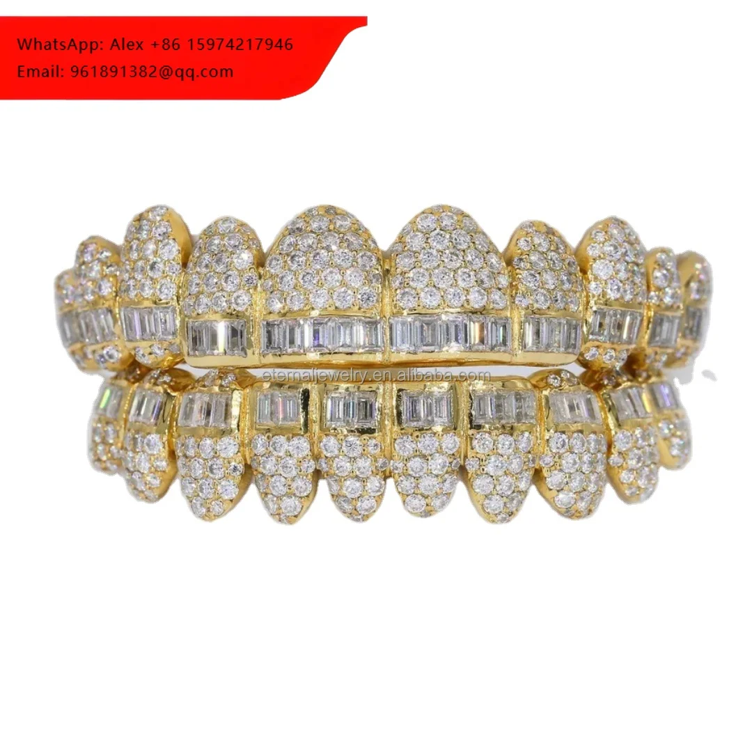 

925 Sterling Silver Hip Hop Jewelry Honeycomb SettingTeeth Grillz With Custom Rich Ice Out Moissanite Diamond Grillz