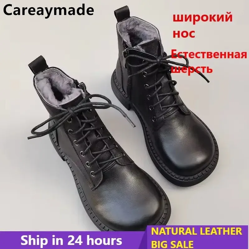 Wide Head Genuine Leather Wool Women's Short Boots High Top Sheepskin Wool Cotton Shoes Anti Slip Thick Sole Winter Boots 35-45