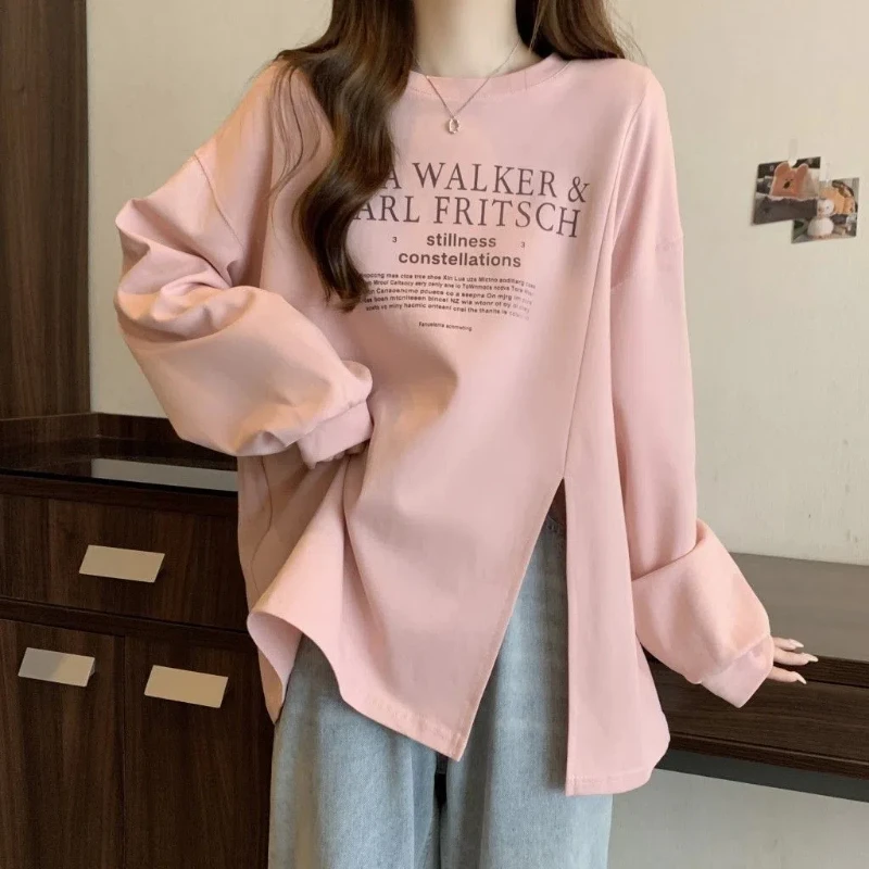 Split Fork Long Sleeve T-shirt Female Spring Autumn Autumn Winter New Pattern Loose Large Size Midi Bottoming Shirt Tops Female