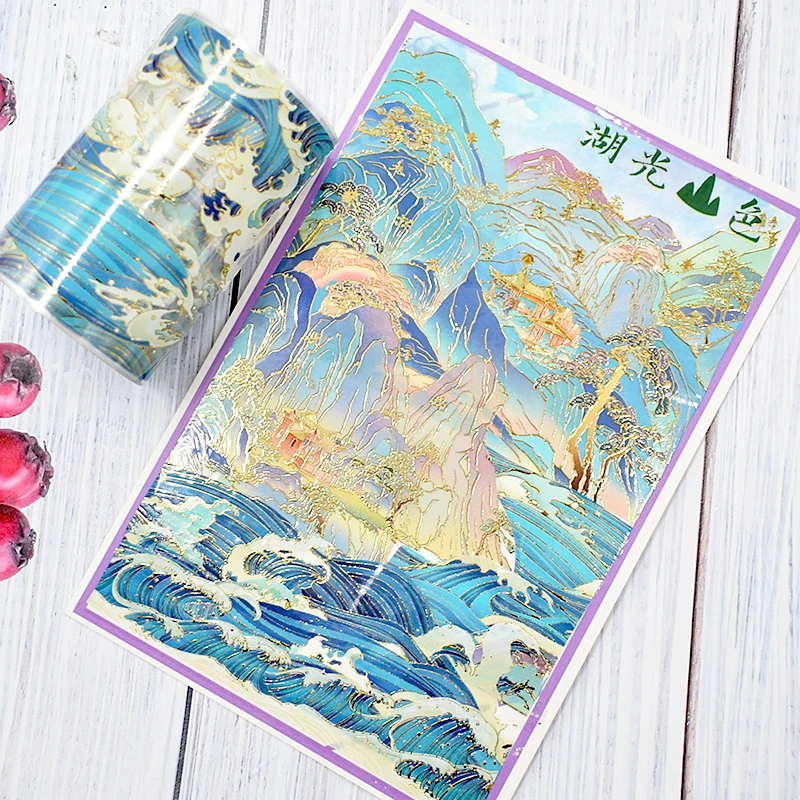 Chinese Ancient Style Landscape Journal Decoration PET Tape Roll Hot Stamping Laser Shiny Decorative Collage Material