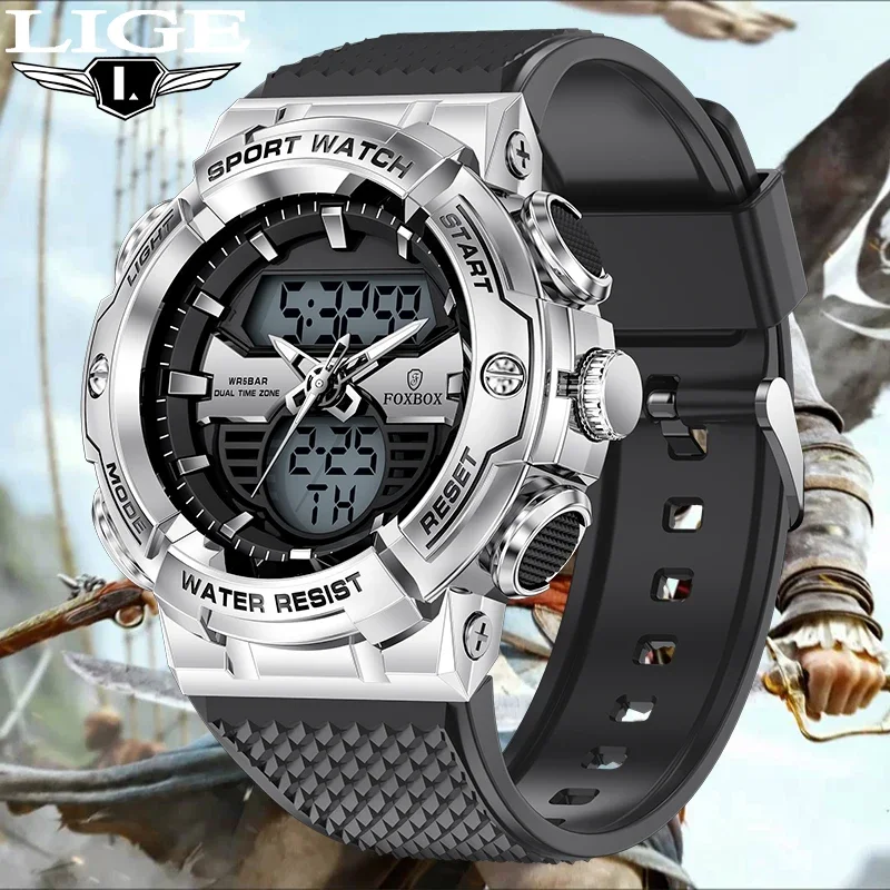 FOXBOX Electronic Man Watch Outdoor Fashion Alarm Auto Date Sport Waterproof Watches for Men LED Military Dual Time Wristwatches