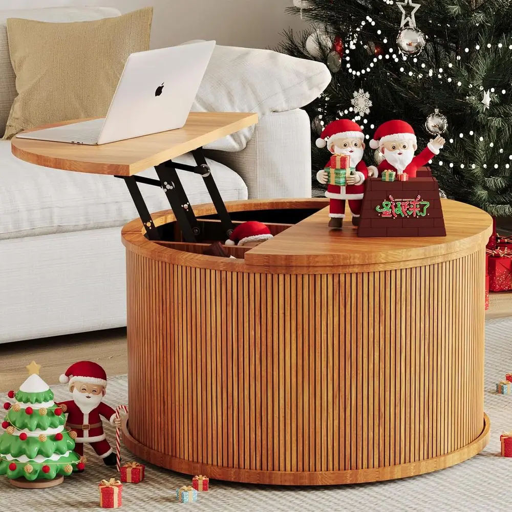 

Round Top Coffee Table with Storage, Living Room, Home Small Space, 31.5 Small Circle Wood Center Table, Walnut