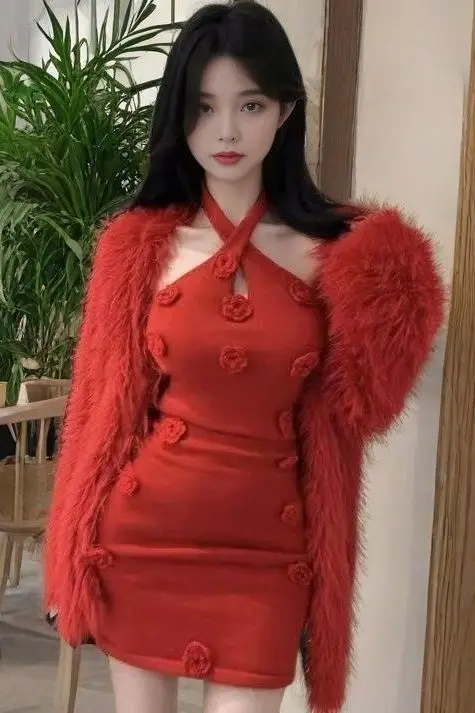 

2025 New Year Two Piece Set Faux Mink Knit Cardigan Floral Halter Dress Y2K Party Outfits Women's Festive Matching Sets