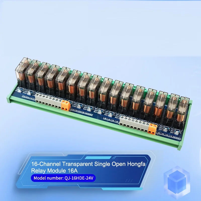 

16-канальные прозрачные одиночные открытые реле постоянного тока 24 В, релейный модуль Hongfa 16A QJ-16HDE-24V, электромагнитные реле для ПЛК