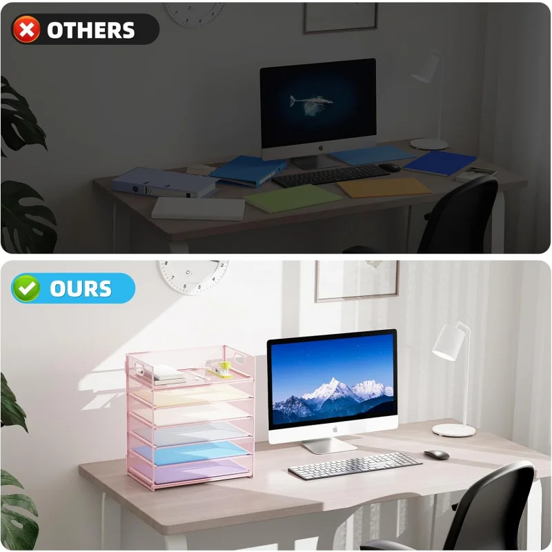 صينية رسائل تنظيم الورق مكونة من 6 طبقات - منظم ملفات مكتب شبكي مع مقبض، فارز / مكتب A4 قابل للطي