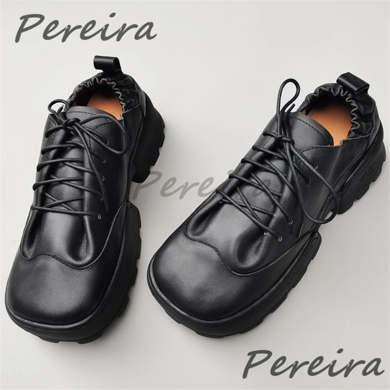 

Genuine Leather Thick Soled Men Casual Shoes Vintage Versatile Square Toe Lace Up Oxford Shoes Trendy Soft Comfortable Sneakers