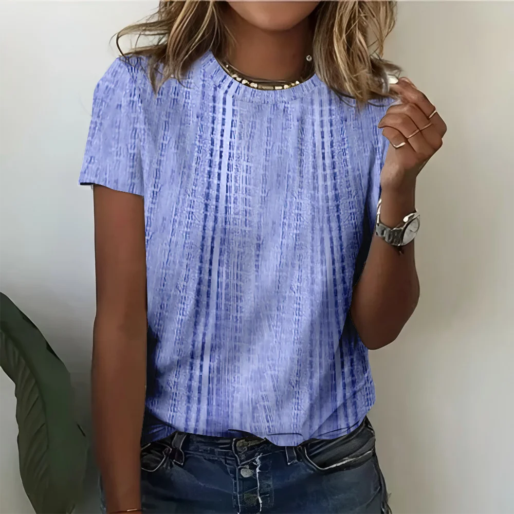 

Soft Blue Vertical Stripe Pattern Women's T-shirt Casual Fashionable Comfortable Summer Round Neck Short Sleeve