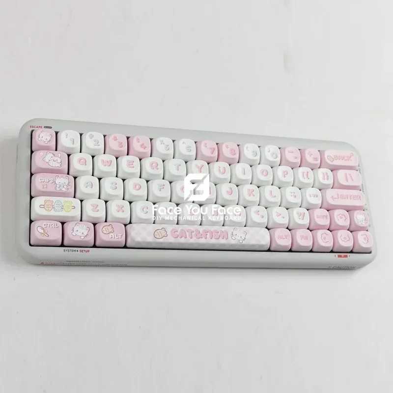 

139 Keys/set Kitten Eats Fish Key Cap Cute Cartoon MOA Profile PBT Thermal Sublimation Mechanical Keyboard for Customization