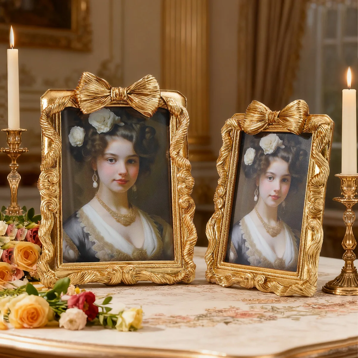 European-style gold three-dimensional bow pattern decorative indoor desktop photo display frame, can be hung or placed on a