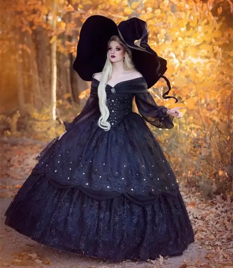 Średniowieczna Czarna Gotycka Suknia Balowa Koronkowe Aplikacje Vintage Wiktoriański Kostium Maskaradowy Długie Rękawy Suknie Wieczorowe Szyte na Miarę