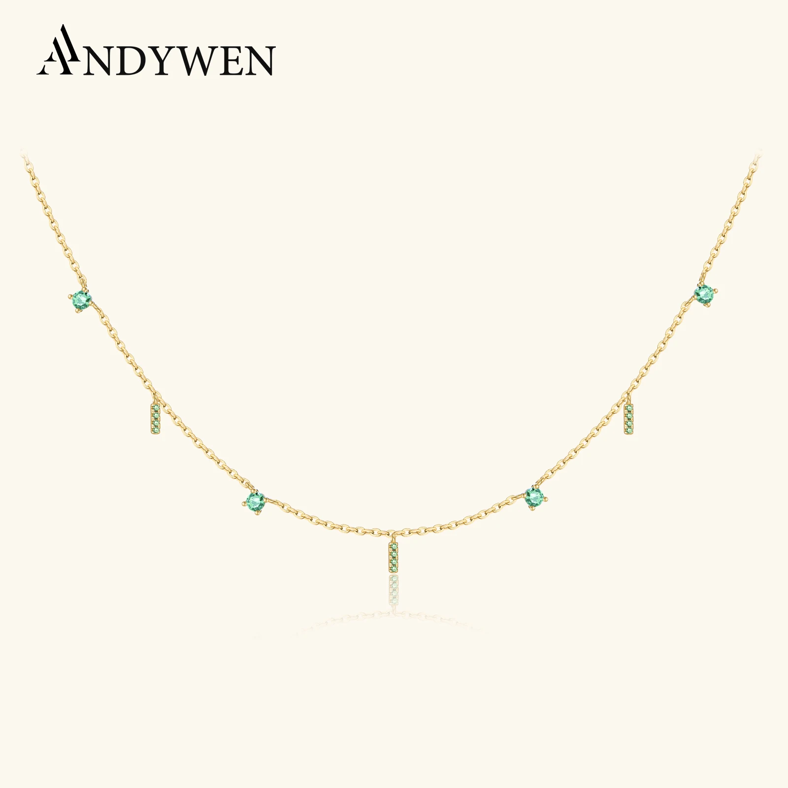 

ANDYWEN Modern 925 Silver Green Zircon Necklace Geometric Luxury Minimalist Pendant, Suitable for Office & Evening Party Wear