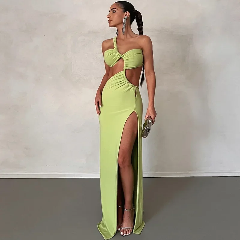 

2024 Summer Solid Diagonal Shoulder Hollow Out High Split Long Dress Women Strapless Backless Sleeveless Pleated Club Party Robe