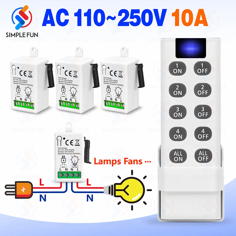 433Mhz Wireless Remote Control Light Switch 110V 220V 230V 10A 4-in-1 transmitter ALL ON/OFF,Mini Interruptor for Lamp LED Fan