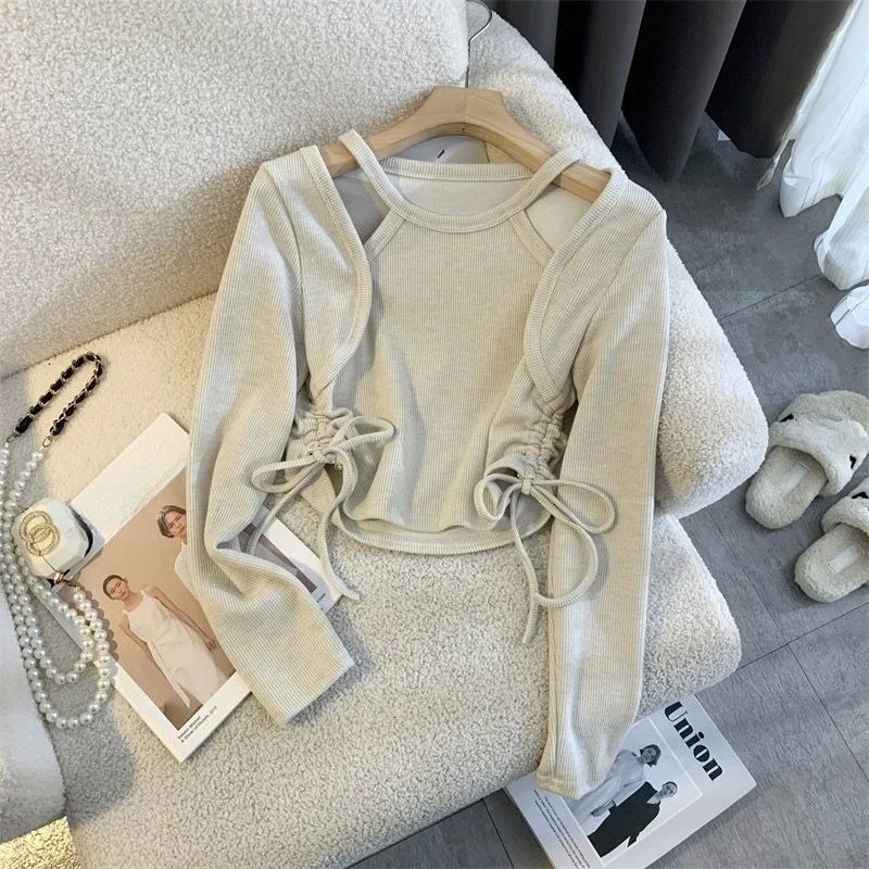 Girls Hollow Out Off Shoulder Top Spring Autumn Drawstring Irregular Short T Shirt Kids Baby Clothing Fashion Tops