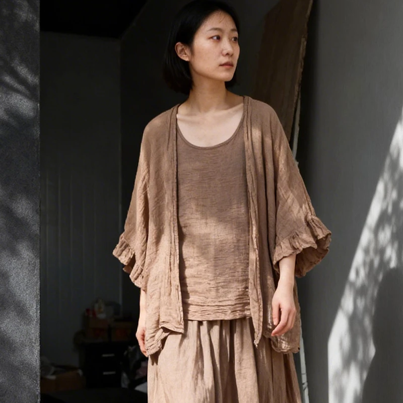 Women Cotton Linen Casual Coats New 2026 Spring Vintage Style Solid Color Loose Female Butterfly Sleeve Open Stitch Jacket M2486