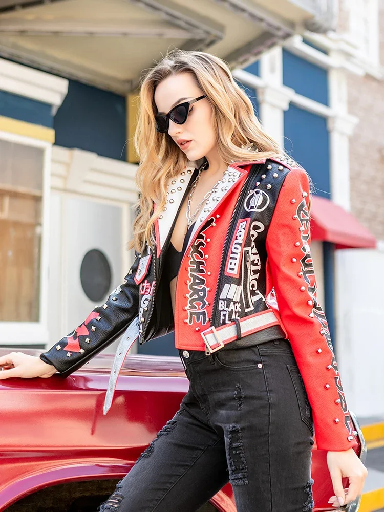 Streetwear Contrast Graffiti Print Faux Leather Jacket Women 2024 New Slim-fit Cropped Punk Studded Motorcycle Jacket