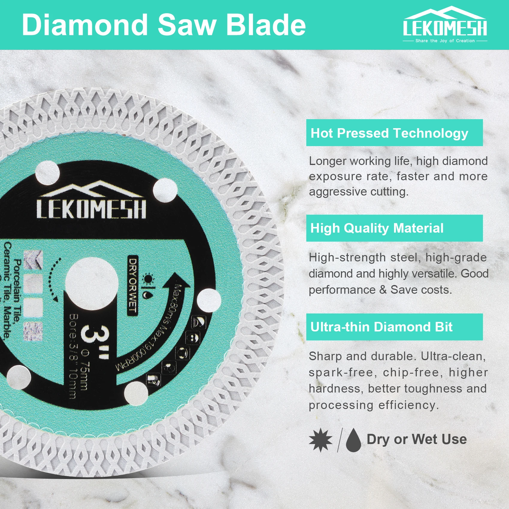 LEKOMESH 1pc 3/4.5/5/8/9/10" Diamond Cutting Disc X Mesh Turbo Ceramic Porcelain Tile Marble Dry Cutting Saw Blade Circular Saw