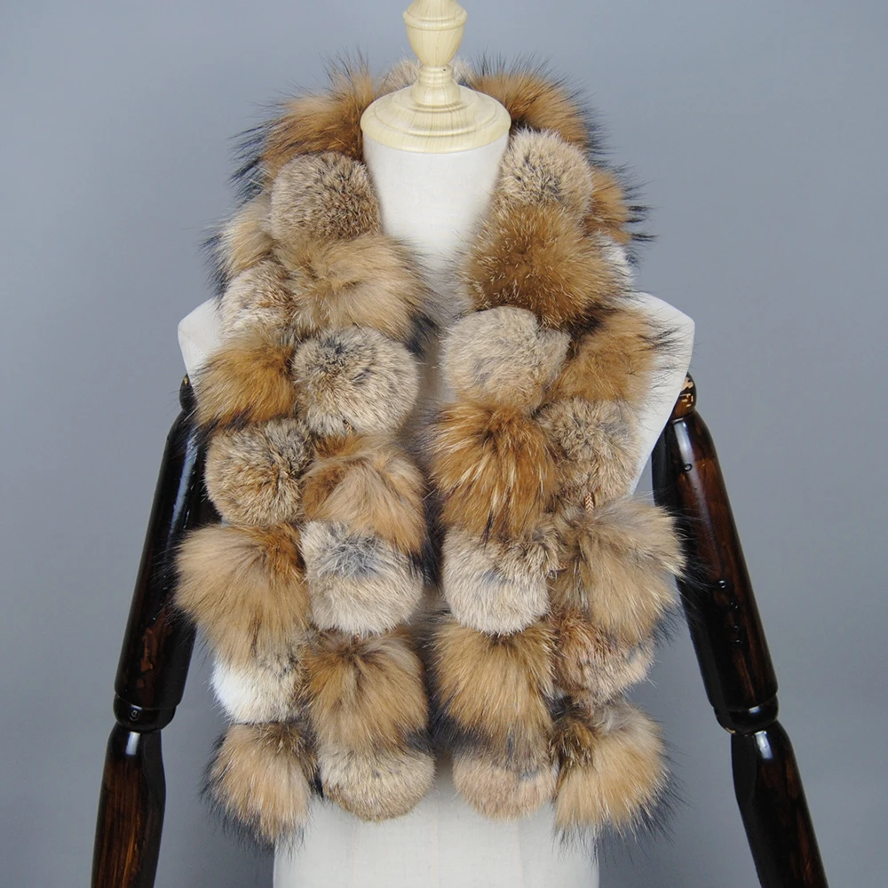 Marca de luxo Mulheres Inverno Natural Real Raccoon Fur Scarf Moda Senhora Quente Genuine Fox Fur Lenço Real Fox Fur Anel Lenços