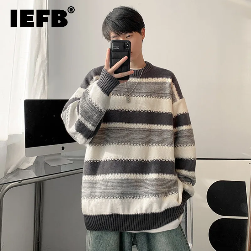 

IEFB New Trendy Men's Sweater Casual Round Collar Striped Contrast Color Kniting Loose Male Pullovers Korean Style Tide 9C8217