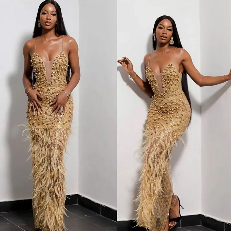 

Customized Sexy Pearls Evening Dresses Sequined Spaghetti Straps Mermaid Prom Dress Elegant Split Feather Formal Party Gowns