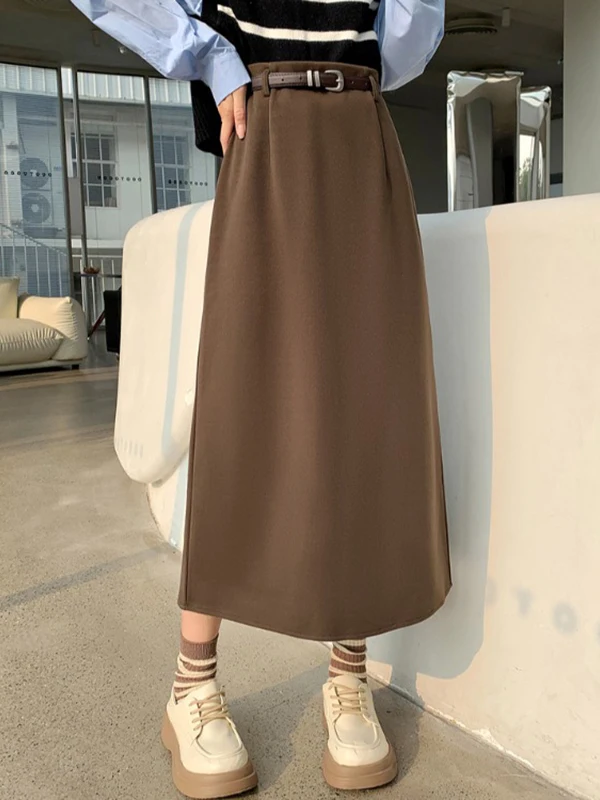 

Женская шерстяная розовая юбка-миди с поясом и разрезом сзади, черная повседневная юбка трапециевидной формы Harajuku Prppy, зимняя офисная модная одежда для поездок на работу