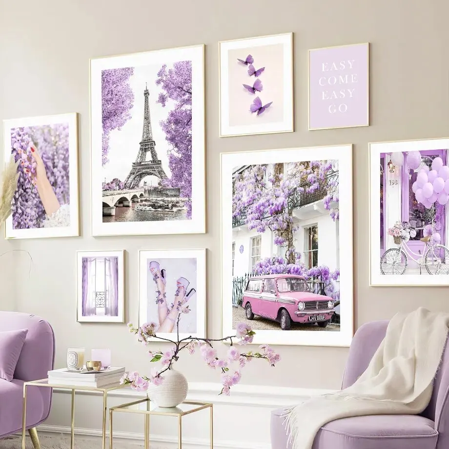 Dreamy Purple Paris paisaje urbano lienzo ilustraciones Vintage coche y elementos florales sala de estar carteles decorativos e impresiones arte de pared