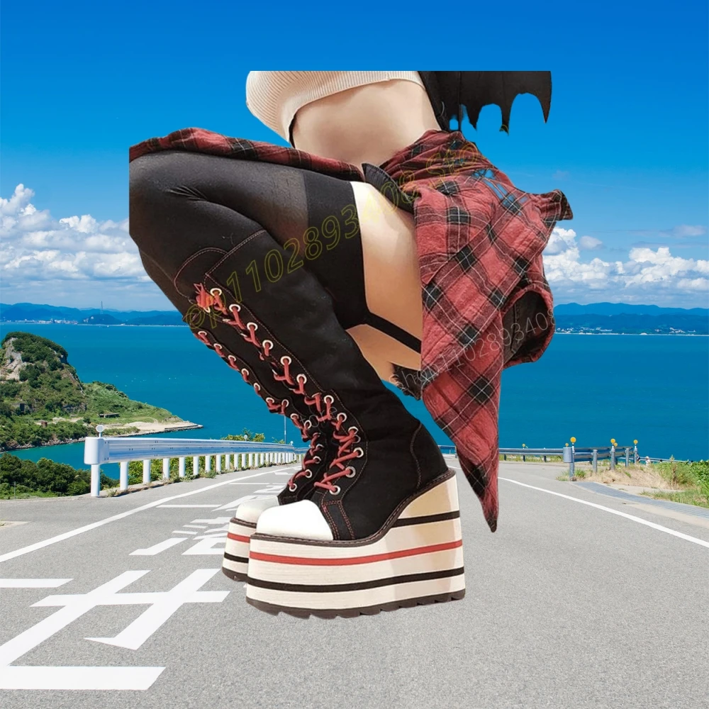 

Sports Style Thick Soled Mid Calf Boots Front Lace-up Wedges High Heel Platform Fashion Sexy Women Shoes 2024 Autumn Para Mujere