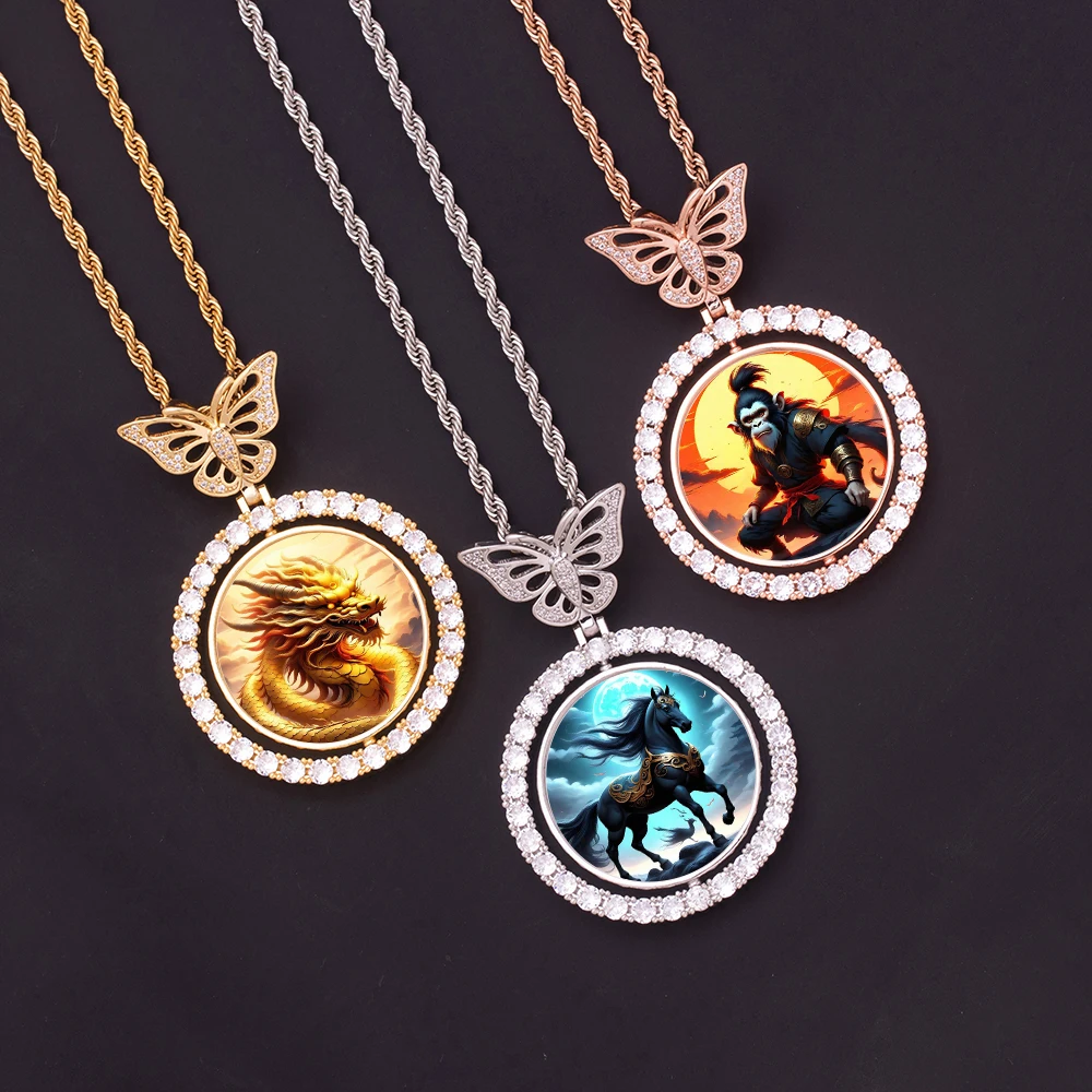 

HipHop Butterfly Hook Rotatable Photo Frame Pendant Round Zircon Double Side Lonng Horse Monkey Pictures Necklace Memory Jewelry