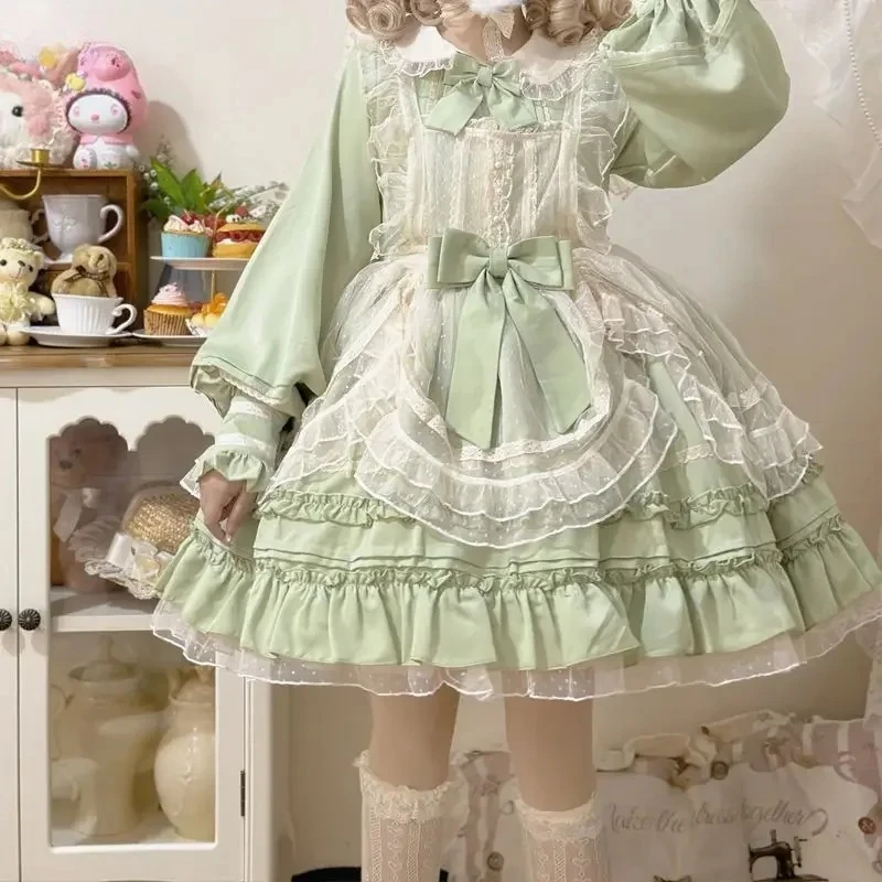 Women Vintage Elegant Lace Mesh Bow Green Dresses Harajuku Victorian Girly Kawaii Tea Party Dress Sweet Lolita Princess OP Dress